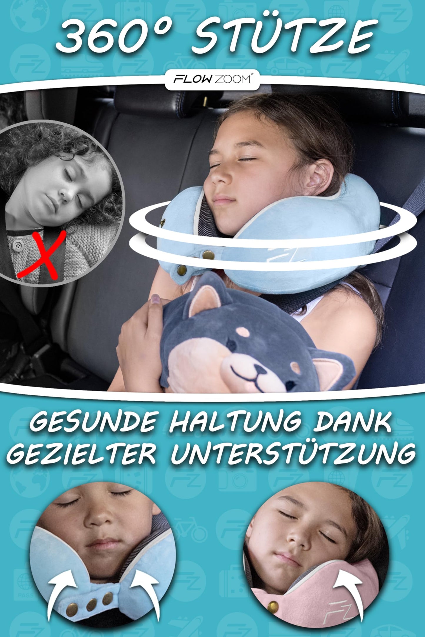 FLOWZOOM Nackenkissen Blau mit Transportbeutel Größe M