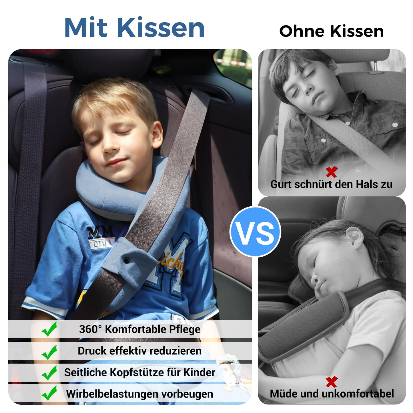 Kinder Nackenhörnchen ab 3 Jahren, Reisekissen Blau Grau