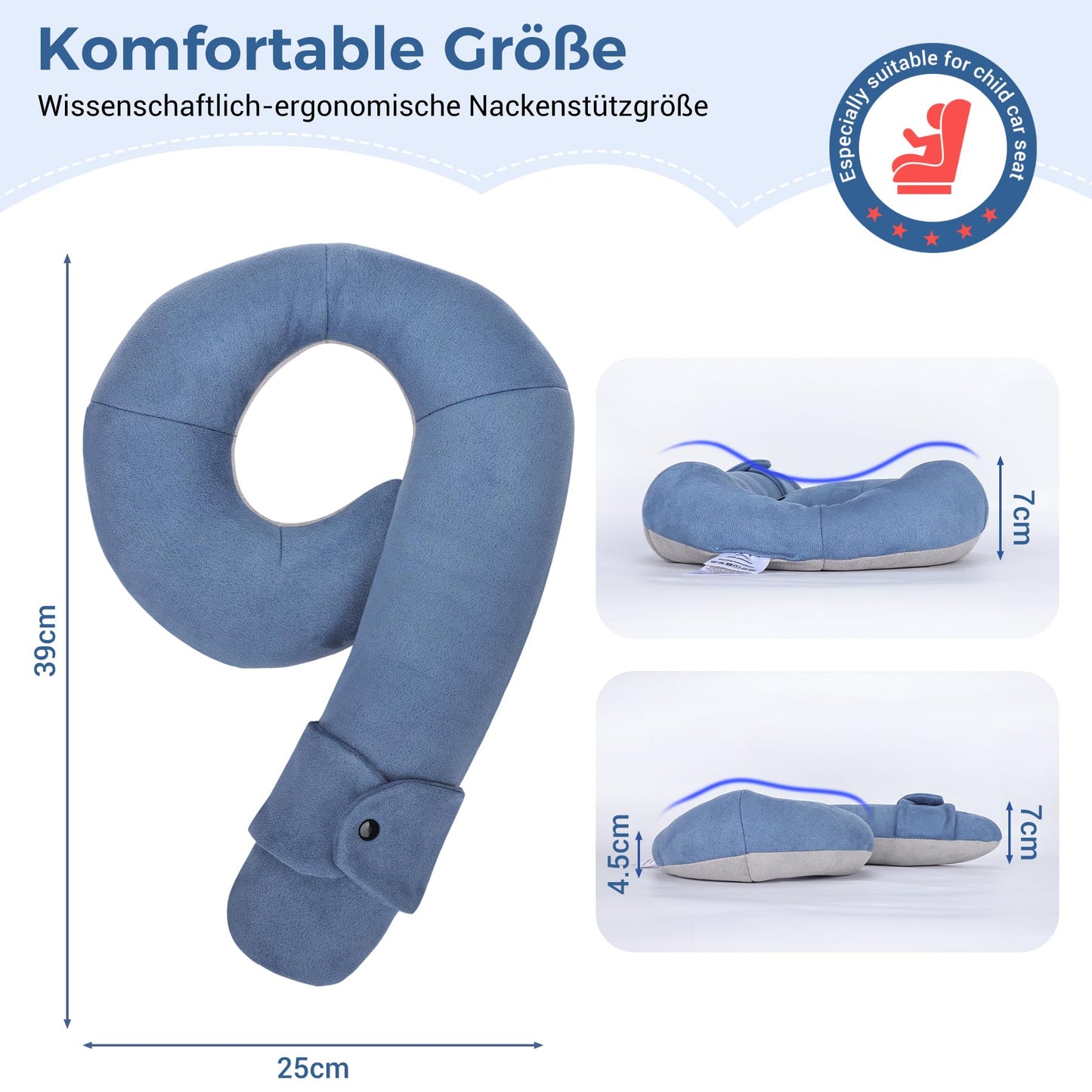 Kinder Nackenhörnchen ab 3 Jahren, Reisekissen Blau Grau
